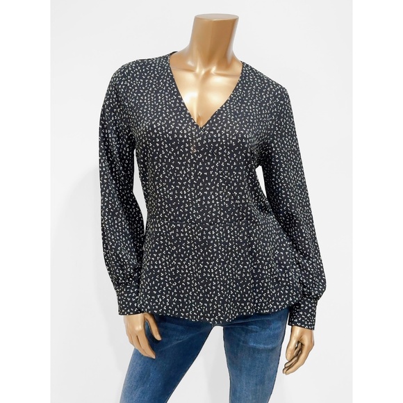 Halogen Women's Black Print Long Sleeve Peplum Blouse Top Size S Petite SP - Picture 1 of 5